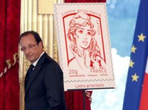 O Presidente francês, François Hollande, apresentou o novo selo durante as celebrações da festa nacional francesa, em 14 de julho